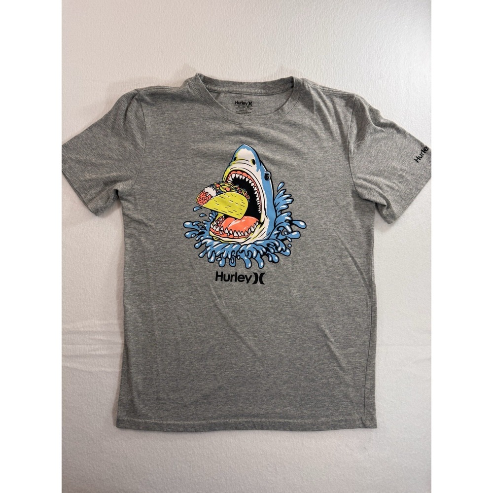 Hurley Boys T Shirt XL Gray Shark Eating Taco Print Crewneck Short Sleeve EUC